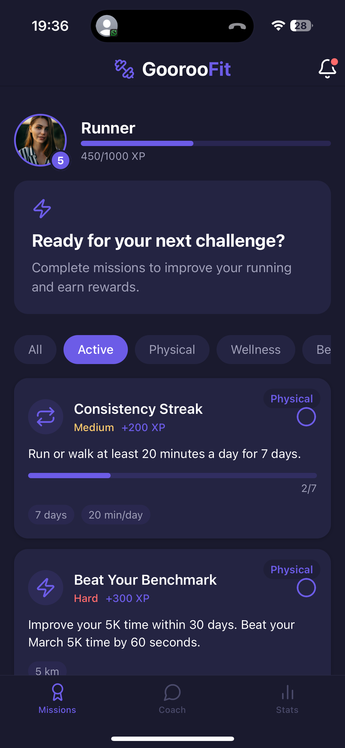 Gooroo Fit challenges dashboard with XP system