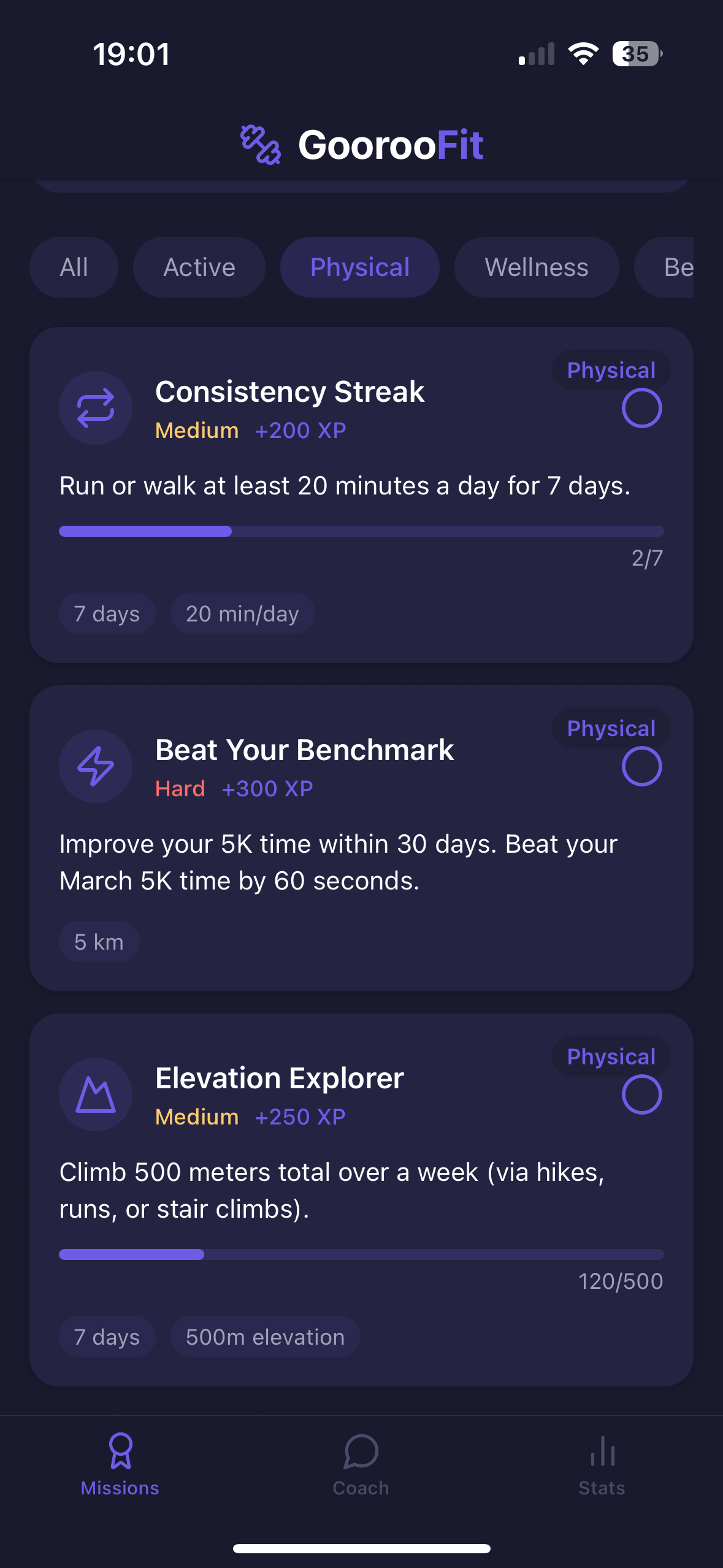 Personalized fitness missions with progress tracking